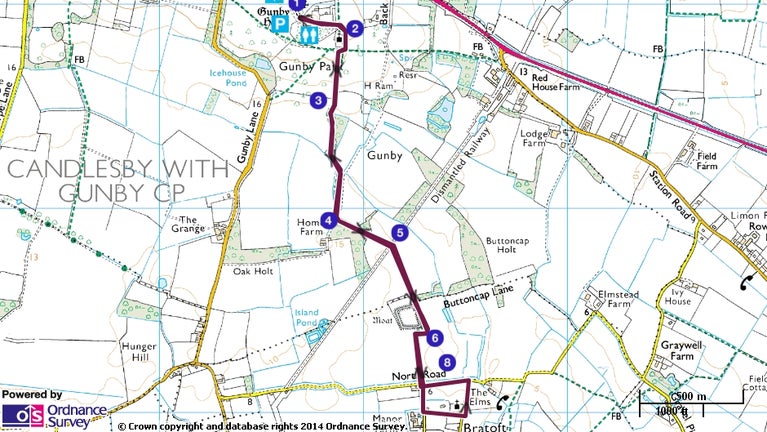 Map route for Gunby Hall to Bratoft Manor walk